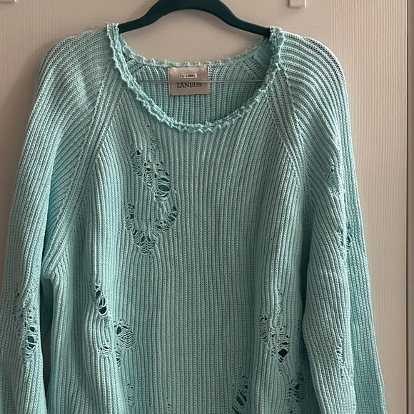 Laneus Light Blue Distressed Ribbed Cotton Blend Sweater Made In Italy Size 52 - Picture 2 of 9